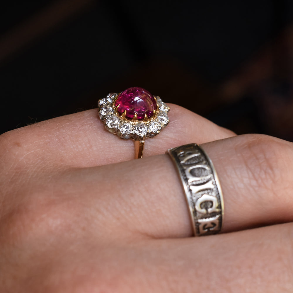 Victorian 3.63ct Burma Ruby Cabochon & Diamond Cluster Ring
