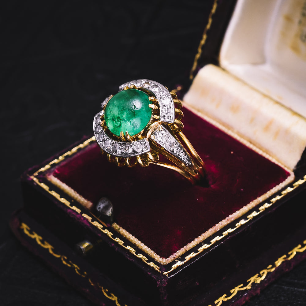 Vintage Cabochon Emerald & Diamond Cocktail Ring