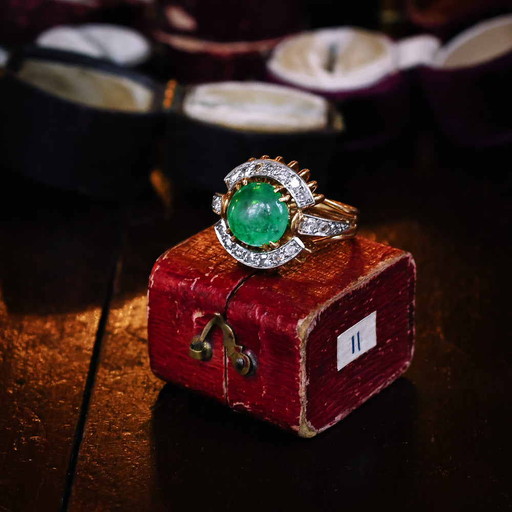 Vintage Cabochon Emerald & Diamond Cocktail Ring