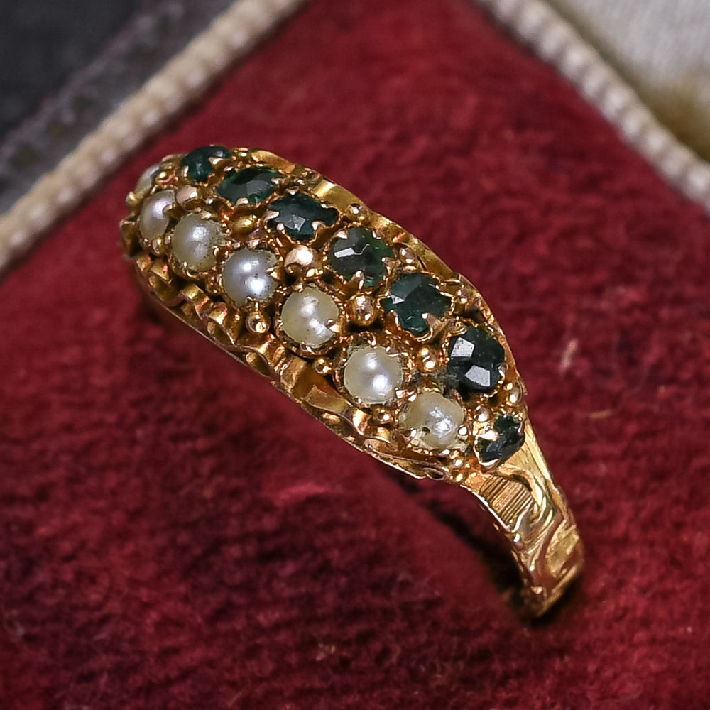 Mid-Victorian Emerald & Pearl Double Row Ring