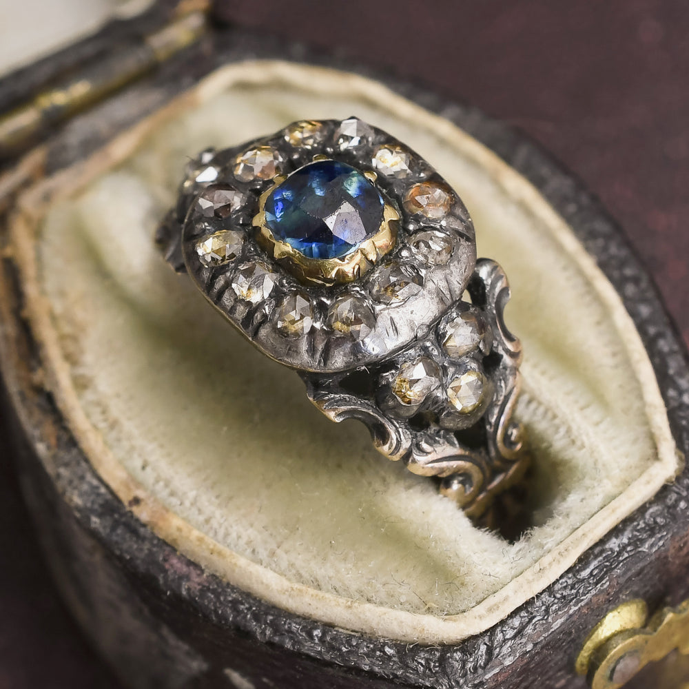 Georgian Sapphire & Diamond Cushion Cluster Ring