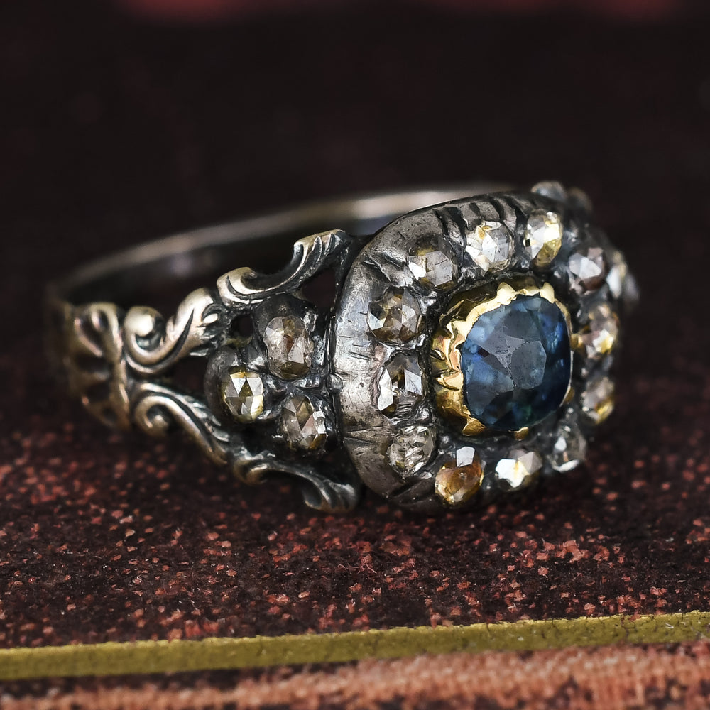 Georgian Sapphire & Diamond Cushion Cluster Ring