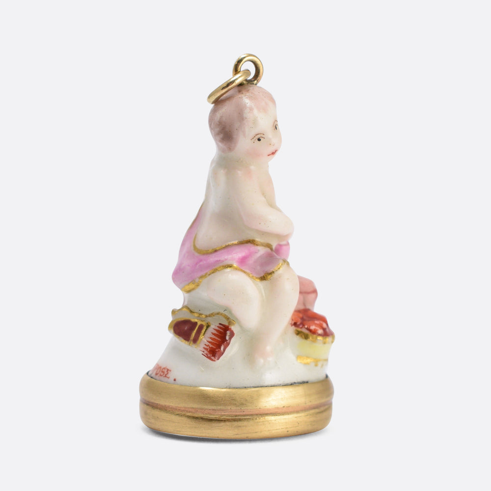 18th Century Derby Chelsea “Cupid on Pedestal with Hearts” Porcelain Fob Pendant