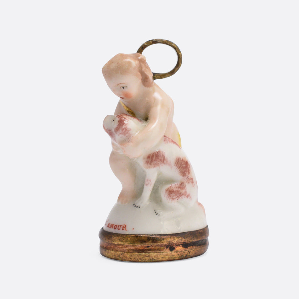 18th Century Derby Chelsea Porcelain “Cupid Caressing Dog” Fob Pendant