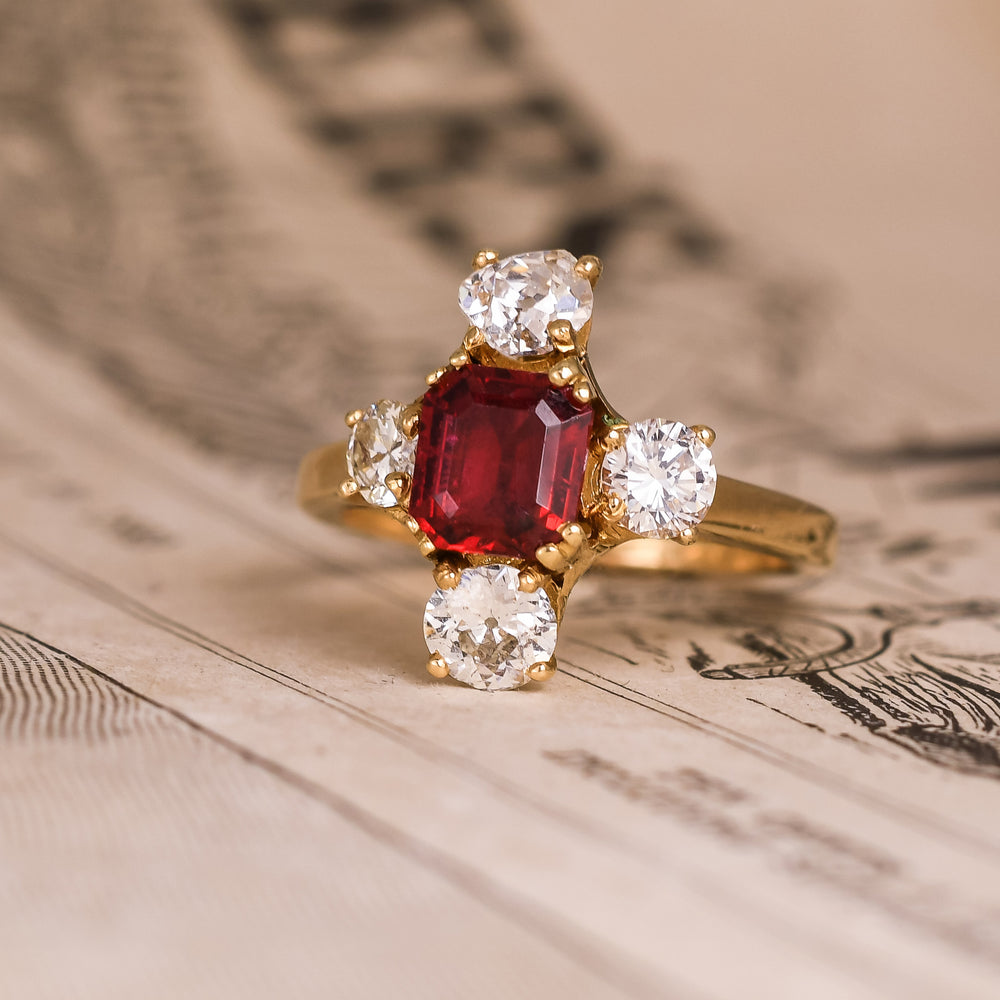 Vintage Red Spinel & Diamond Compass Point Ring