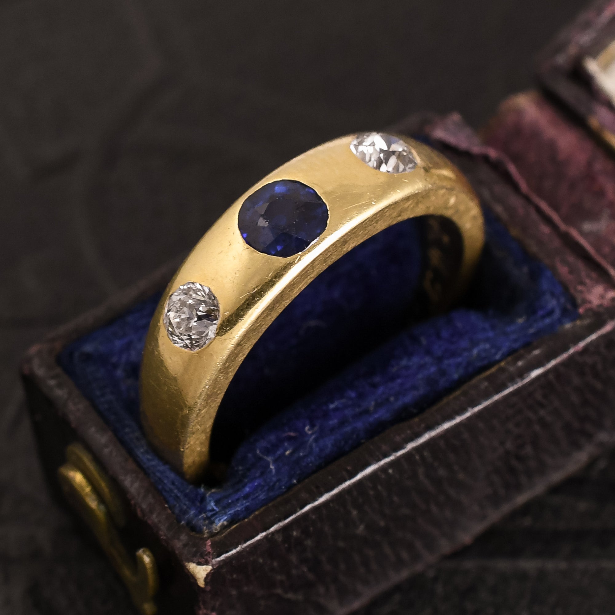 Late Victorian Sapphire Diamond Three Stone Gypsy Ring Butter