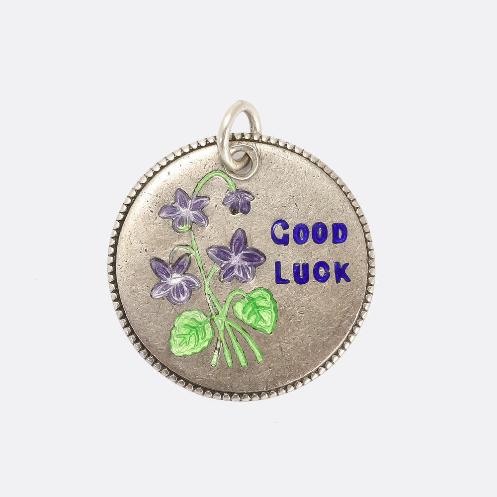 1920s Silver Enamel Pansy 'Good Luck' Pendant