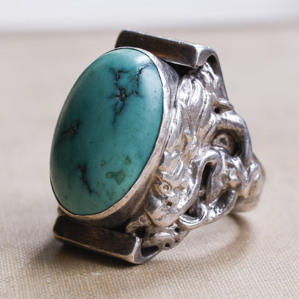 1930s Turquoise Matrix Chinese Dragon Ring
