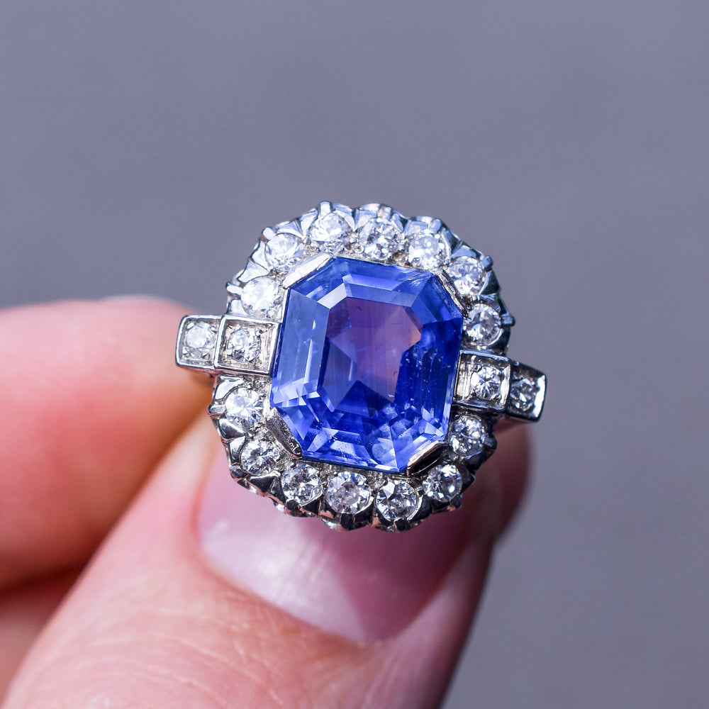1930s Art Deco Ceylon Sapphire & Diamond Cluster Ring