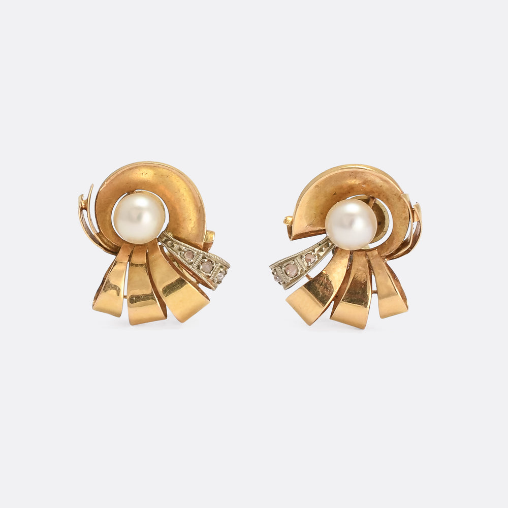 1940s Retro Pearl & Diamond Nautilus Earrings