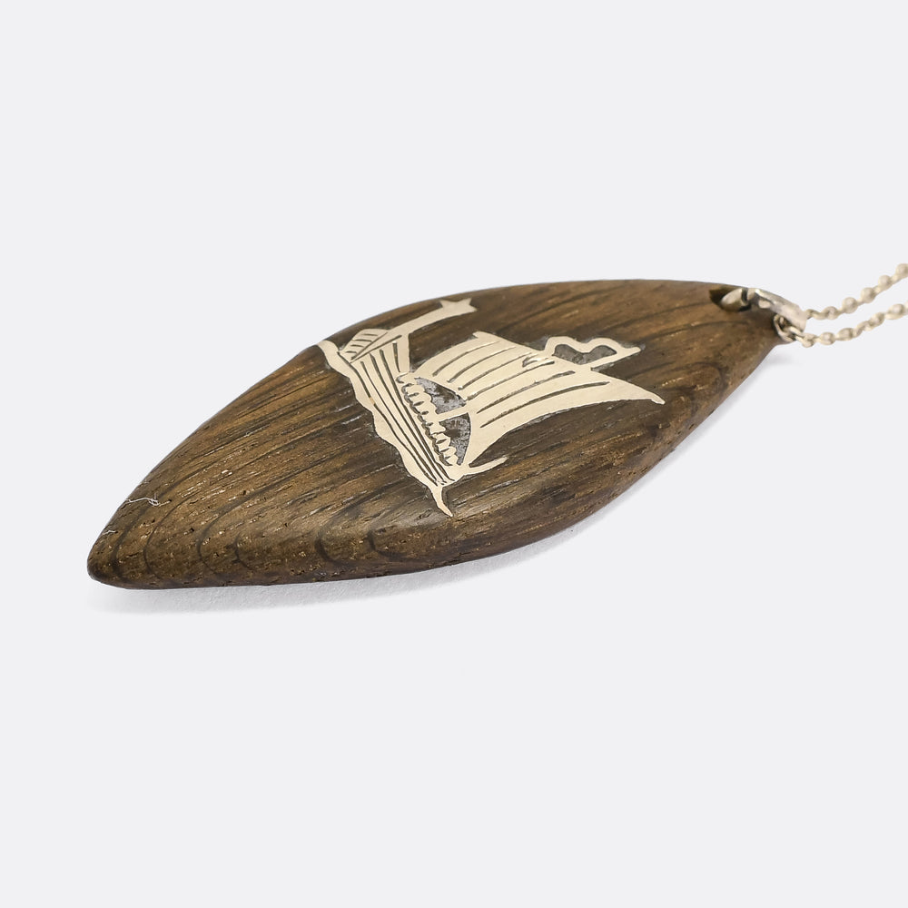 1970s Rosewood Viking Ship Inlay Necklace