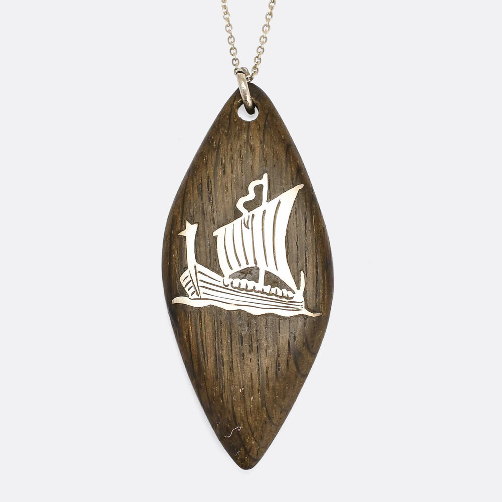 1970s Rosewood Viking Ship Inlay Necklace