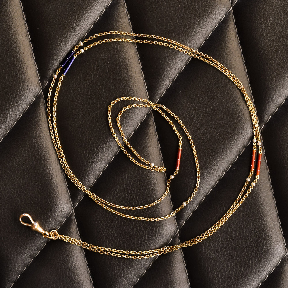 Victorian Red White & Blue Enamel & Pearl Guard Chain