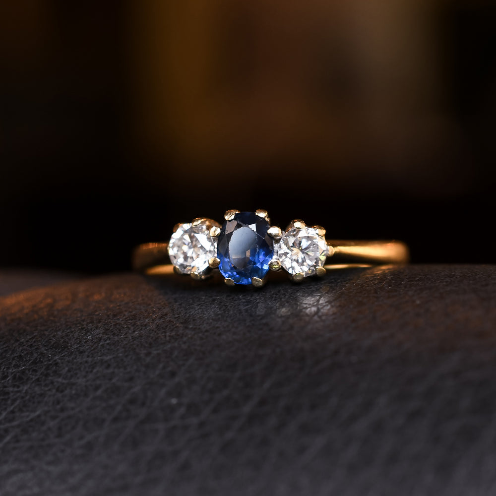 Mid Century Cornflower Sapphire & Diamond Trilogy Ring