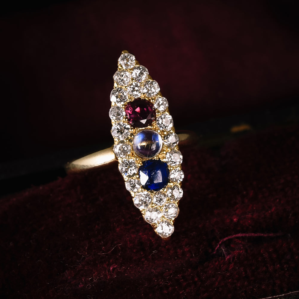 Victorian Moonstone, Ruby, Sapphire & Diamond Marquise Ring