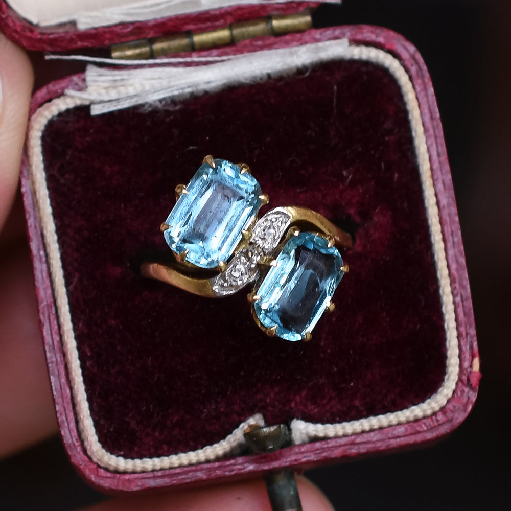 Art Nouveau Aquamarine & Diamond 'Toi Et Moi' Crossover Ring