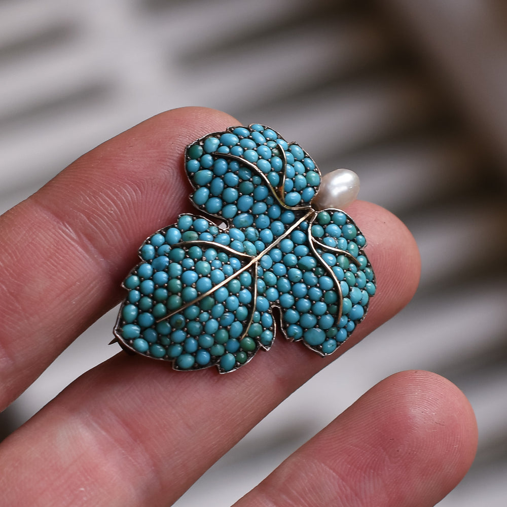 Victorian Turquoise & Pearl Fig Leaf Brooch