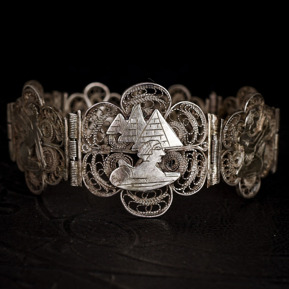 1920s Egyptian Revival Silver Filigree Bracelet
