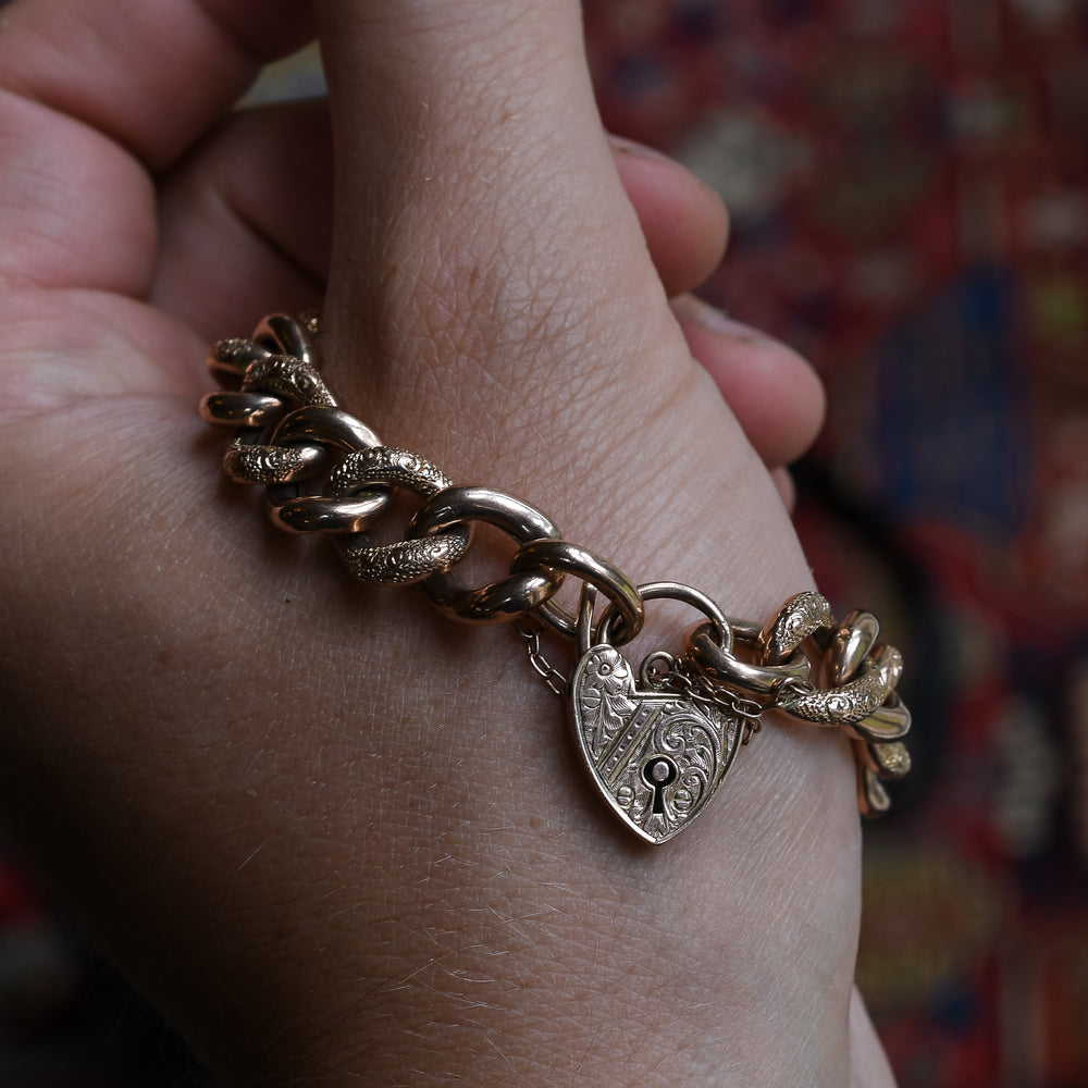 Victorian Rose Gold Curb-Link Bracelet With Heart Padlock Clasp