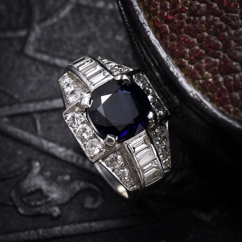  French Art Deco Sapphire & Diamond Cocktail Ring