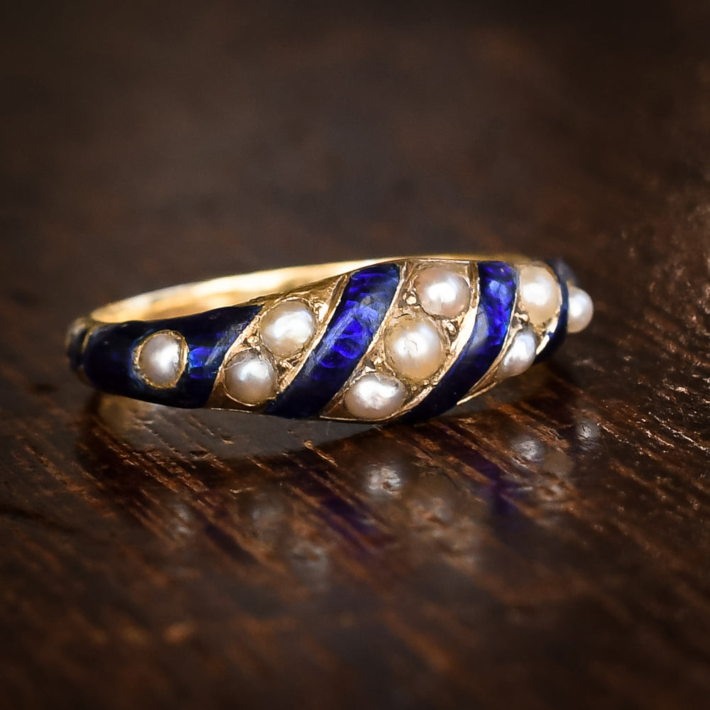 Early Victorian Blue Enamel & Pearl Locket Ring