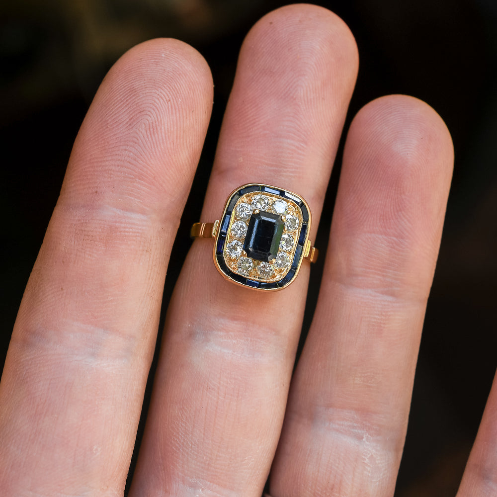 Mid-Century Sapphire & Diamond Cushion Cluster Ring