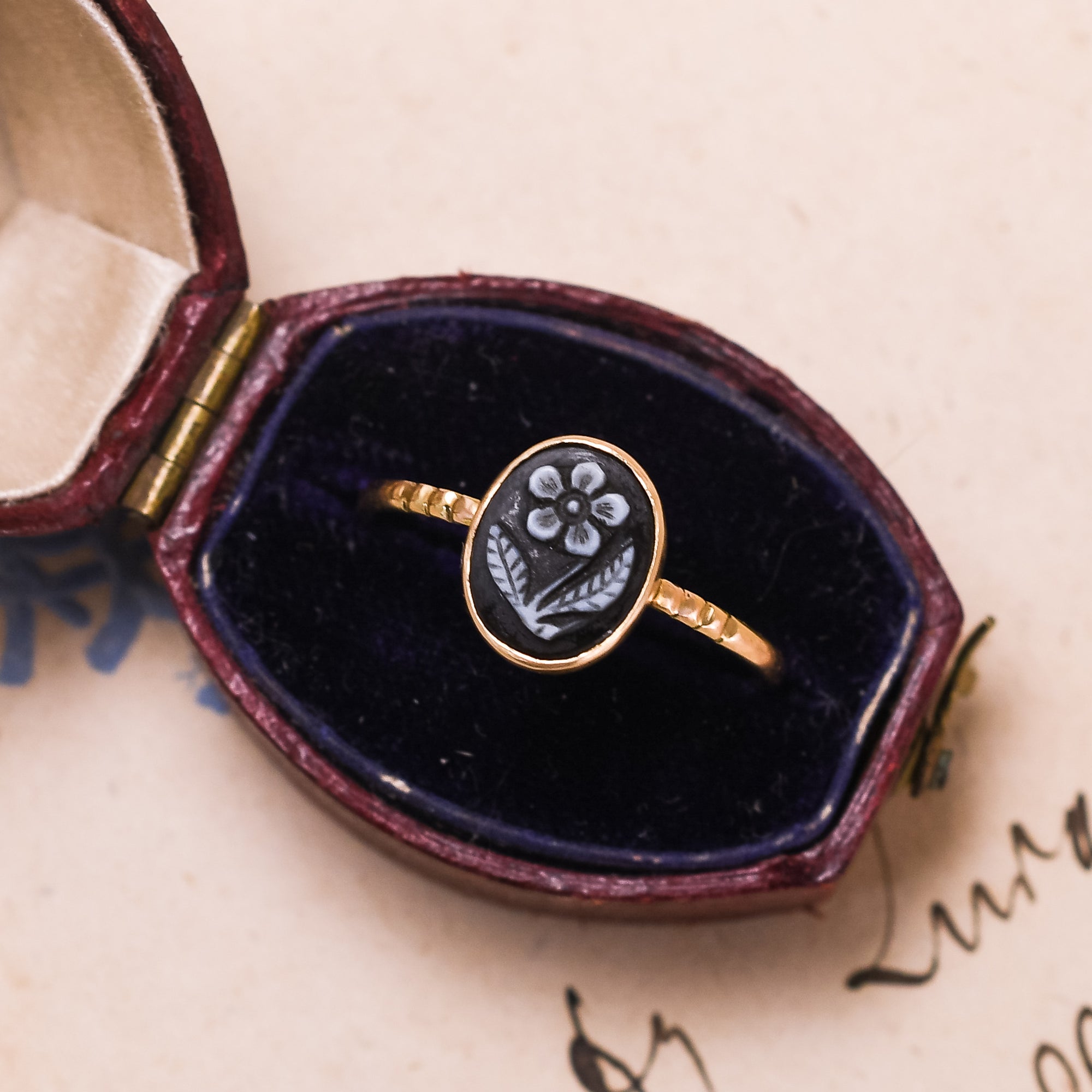 Mid Victorian Onyx Forget Me Not Cameo Ring