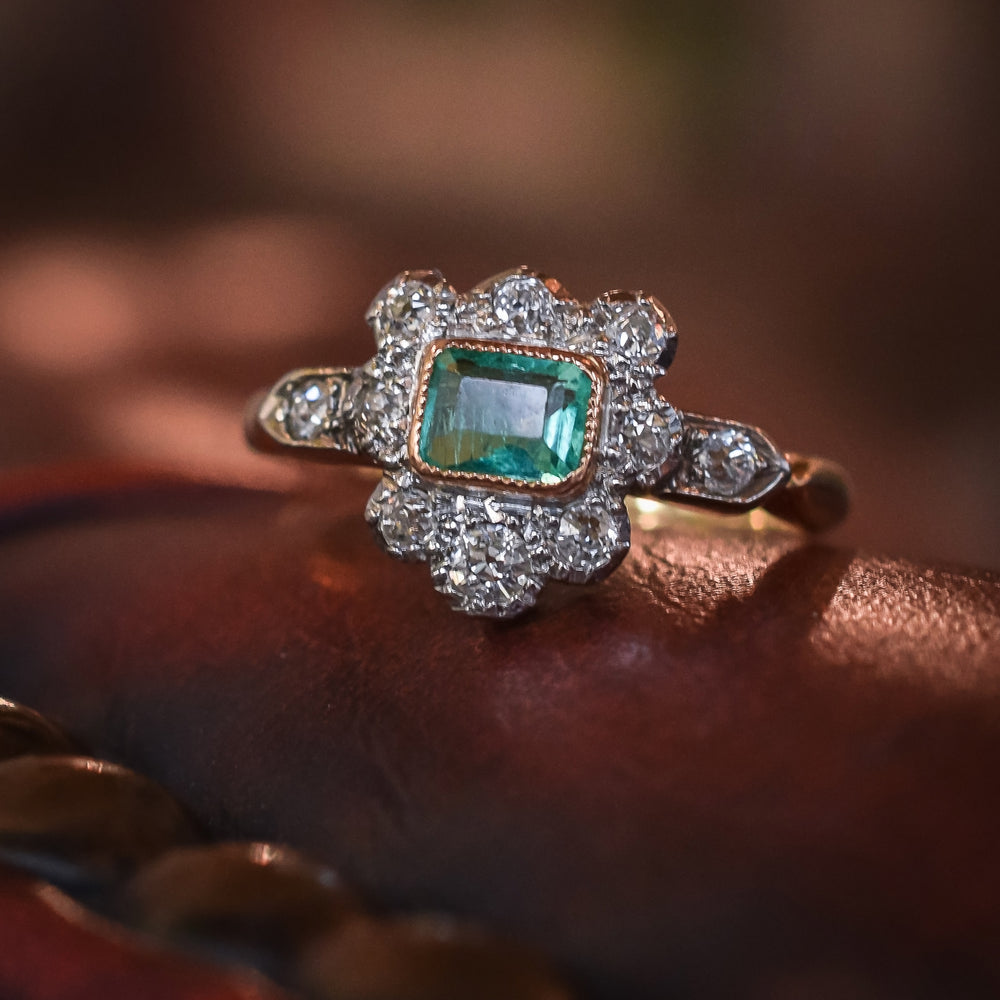 Victorian Emerald & Diamond Shield Cluster Ring
