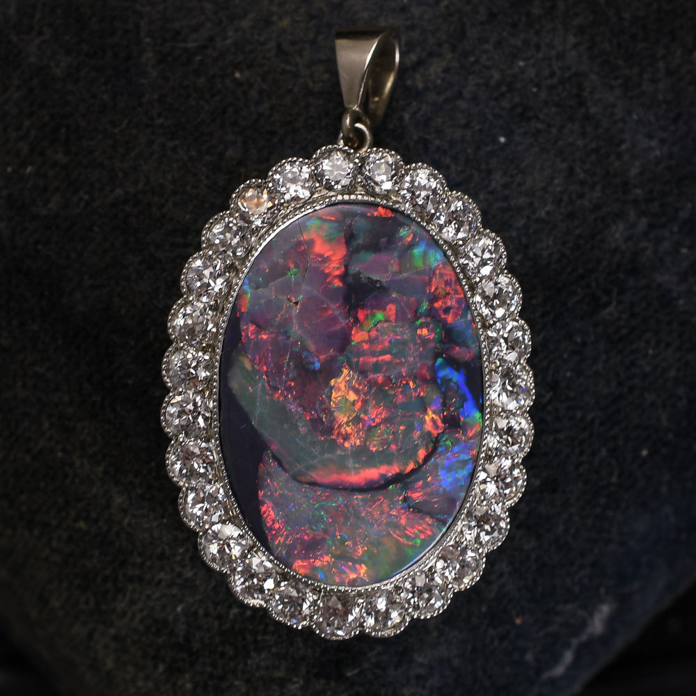 Art Deco Black Opal & Diamond Flower Cluster Pendant