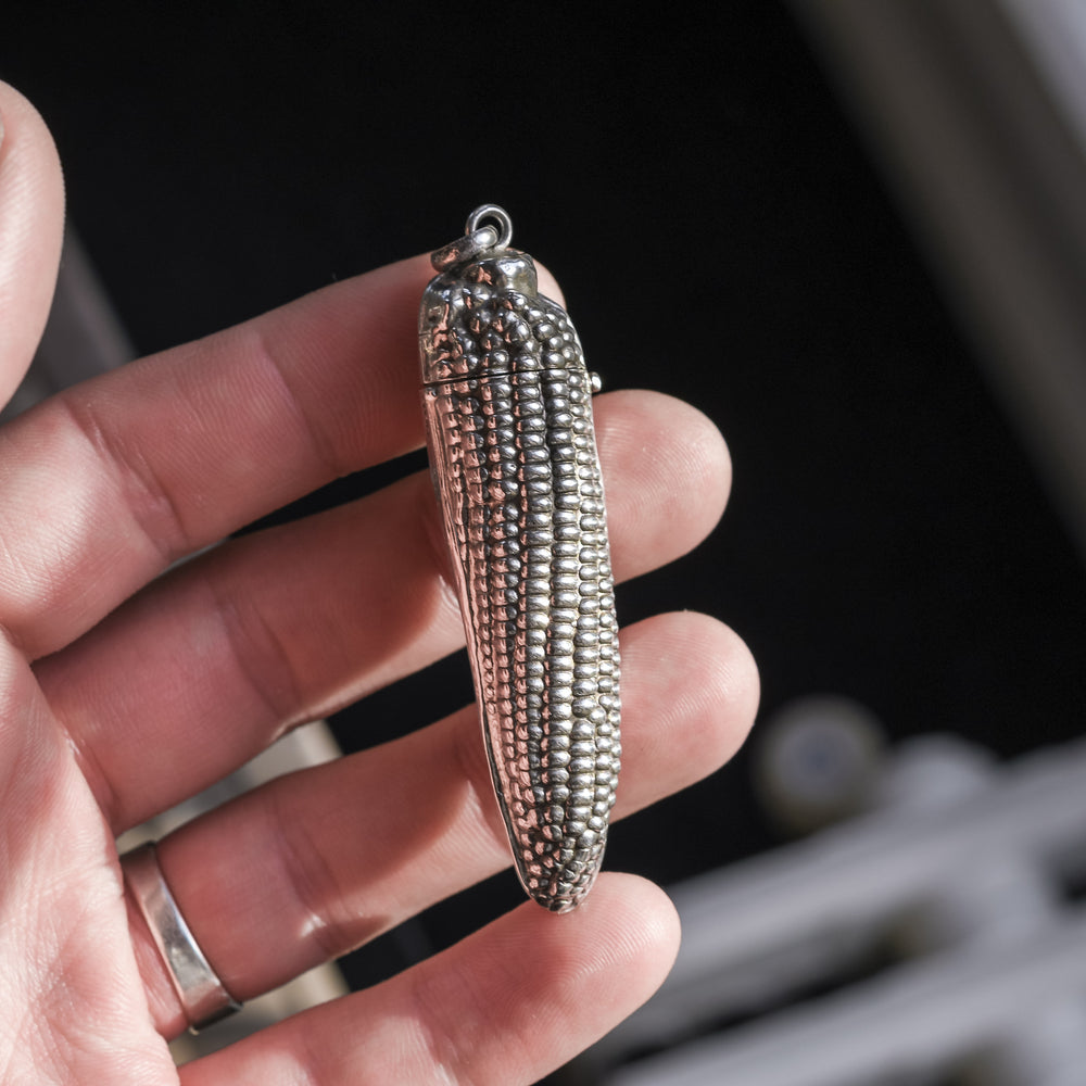 Vintage Silver Cob of Corn Vesta Case Pendant