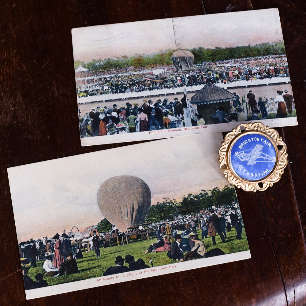 Antique Wright Flyer at the 1910 Brockton Fair Pin and Postcards