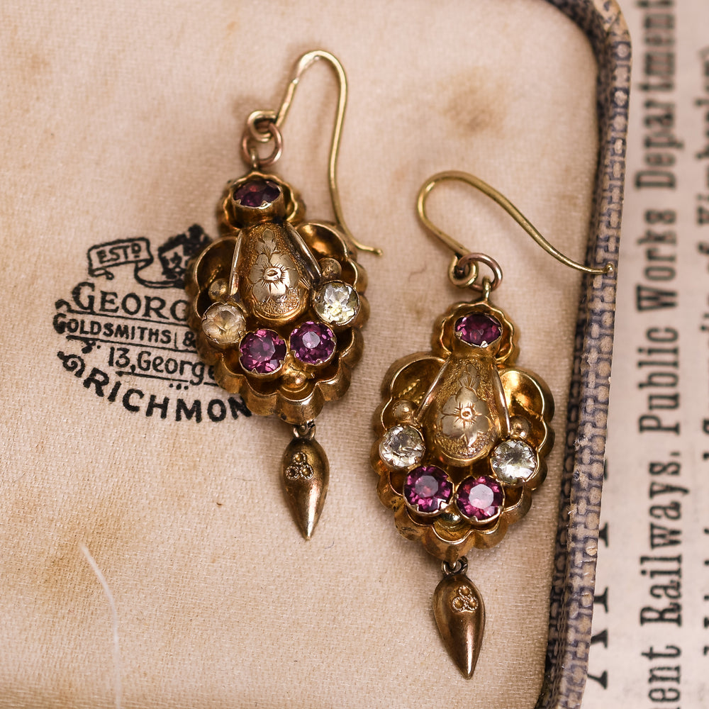 Victorian Almandine Garnet & Chrysolite Shell Earrings