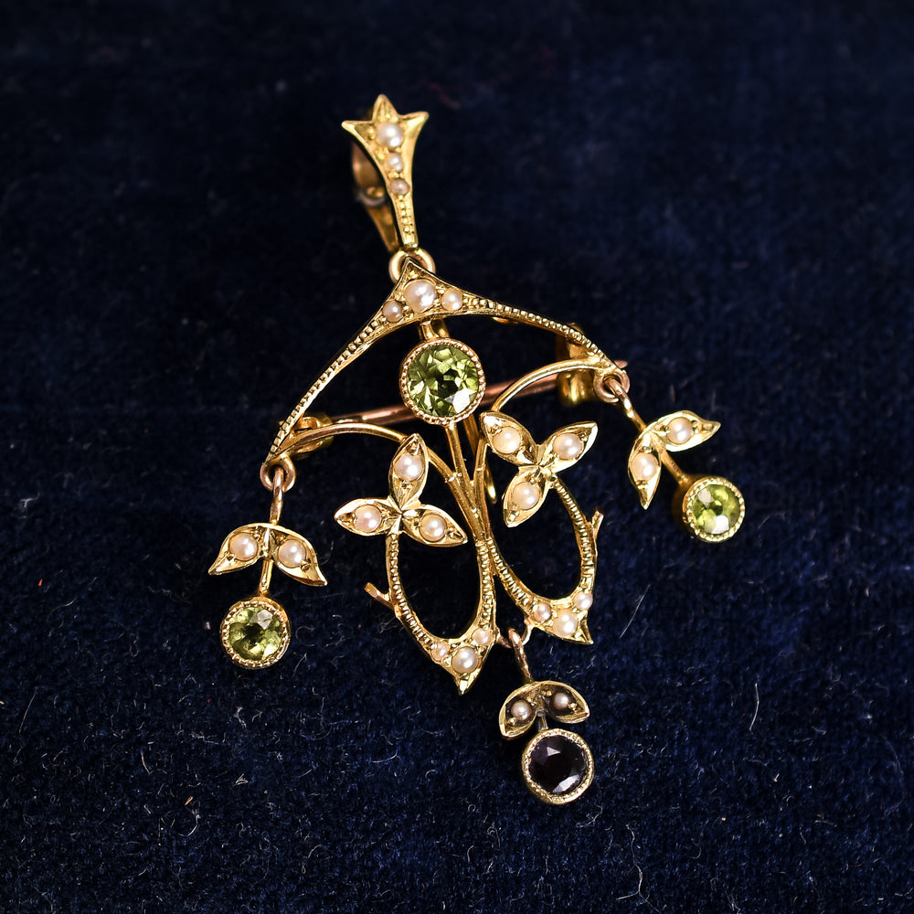 Art Nouveau Peridot, Amethyst & Pearl Lavaliere Pendant