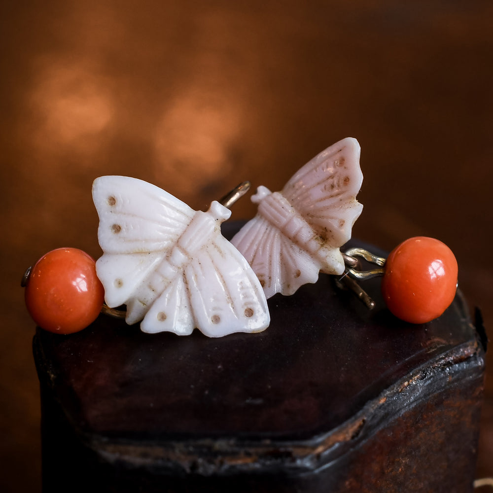 Mid-Victorian Two-Tone Coral Psyche Butterfly Earrings