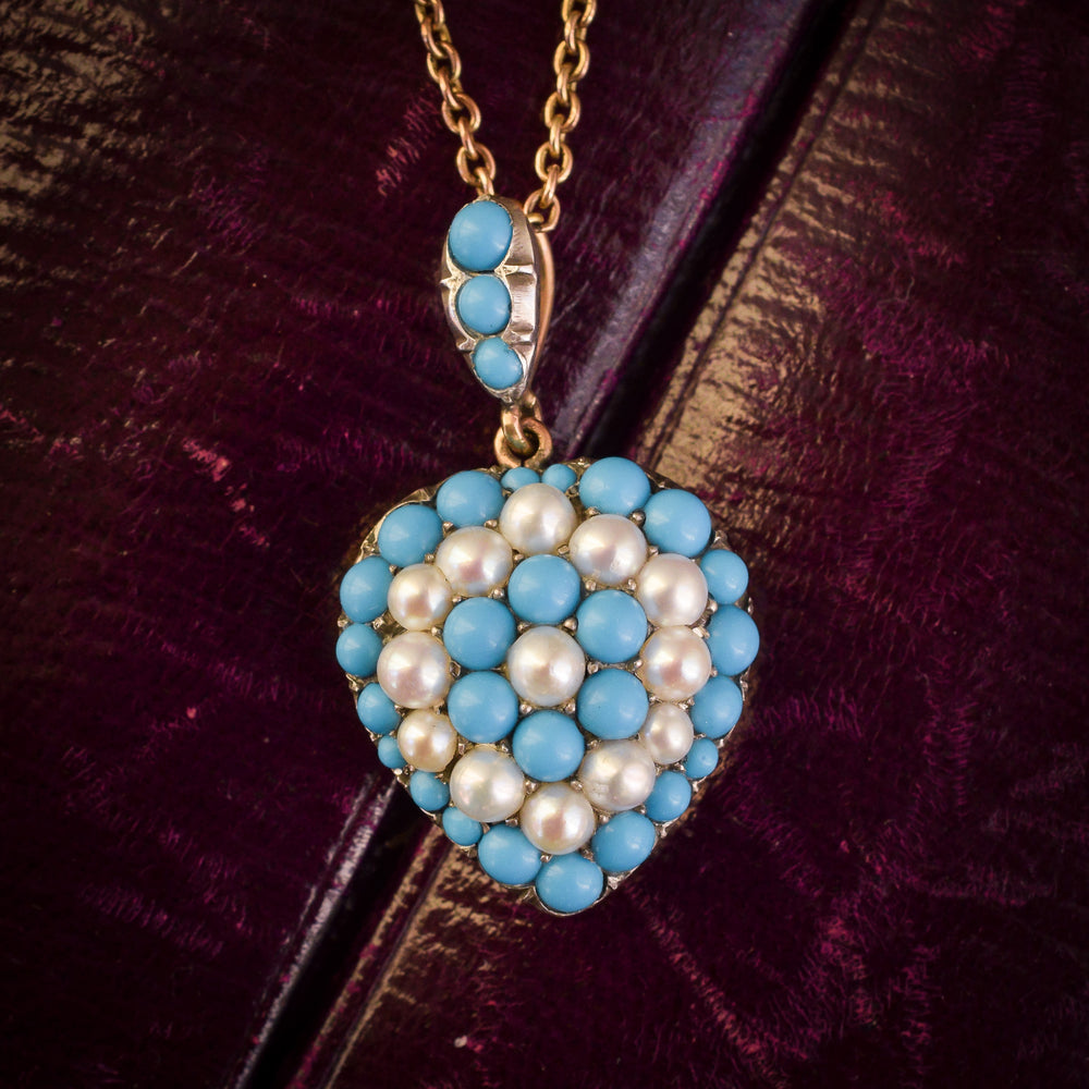 Victorian Turquoise & Pearl Pavé Heart Pendant