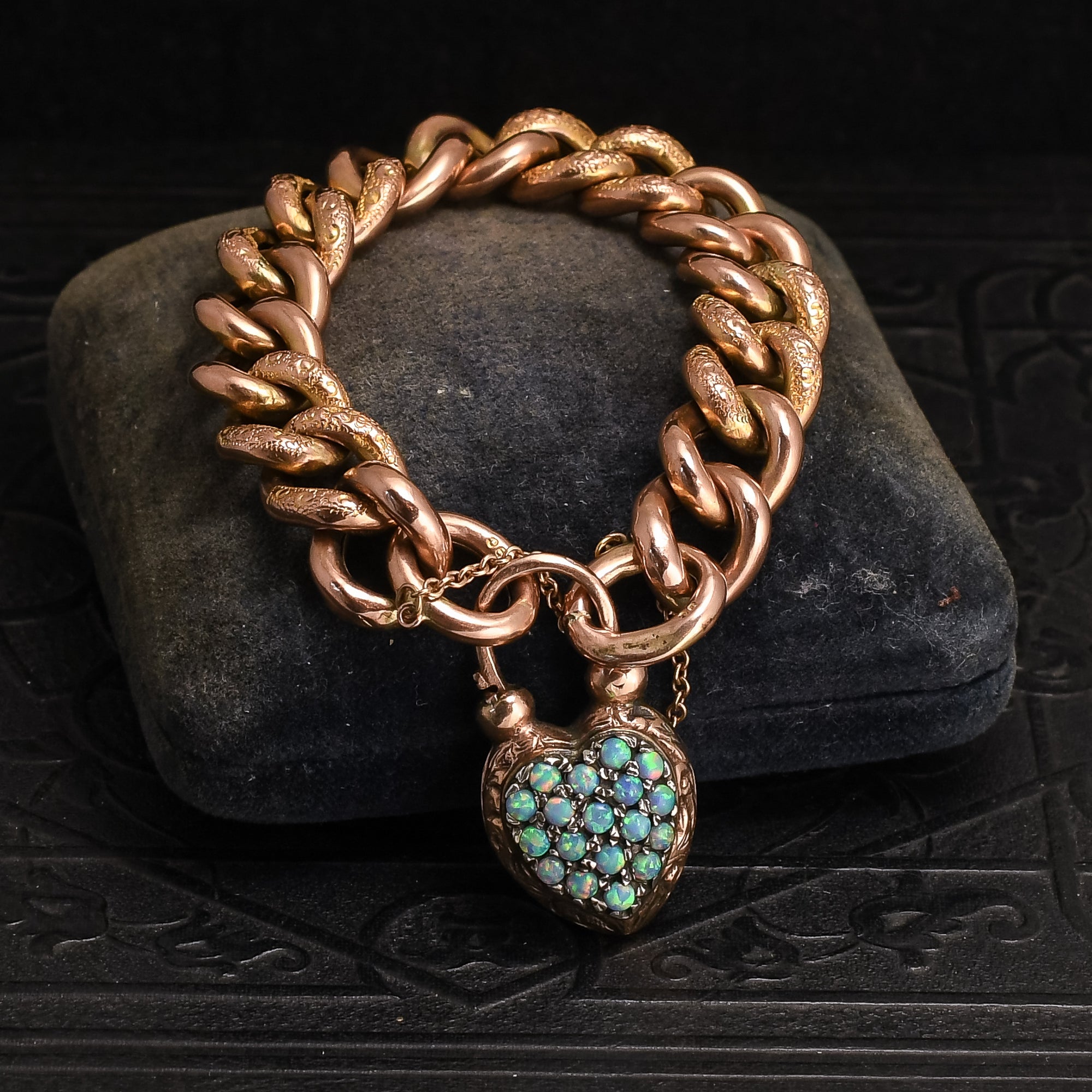 Victorian Curb-Link Bracelet with Opal Heart Padlock Clasp