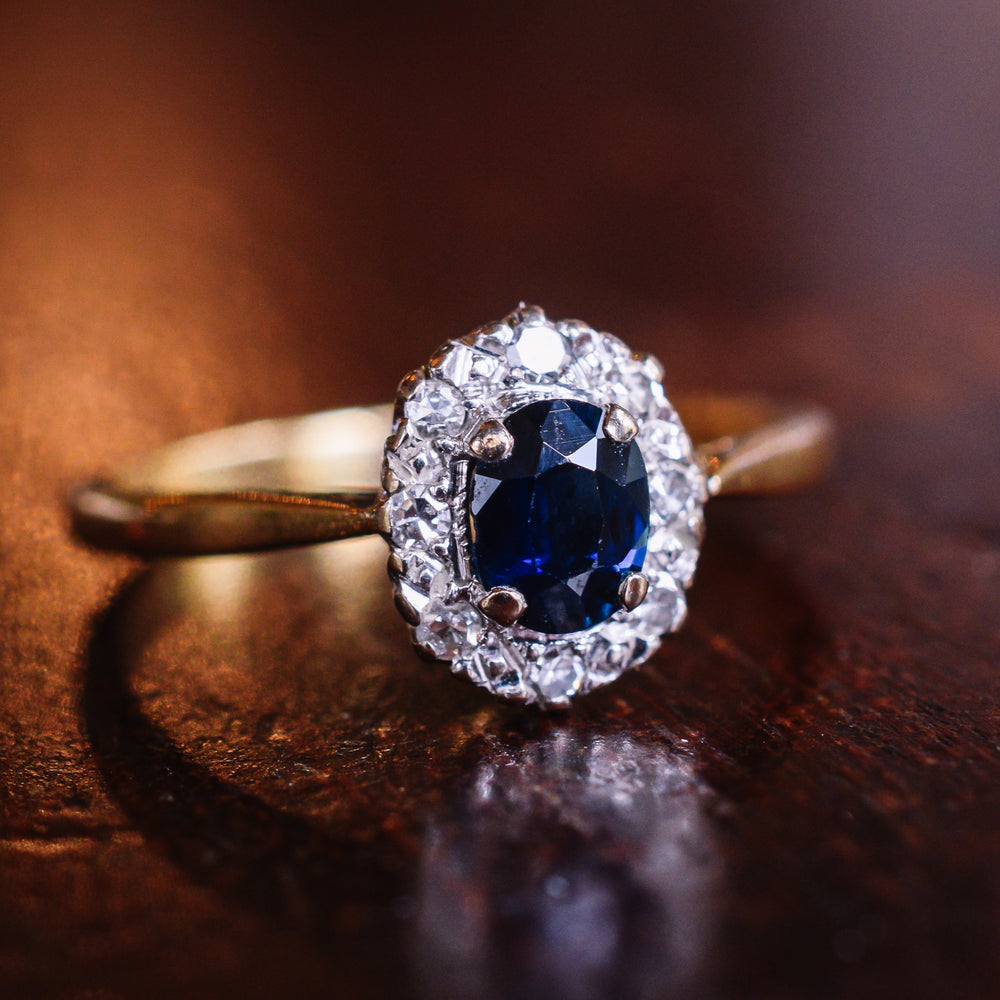 Edwardian Sapphire & Diamond Oval Cluster Ring