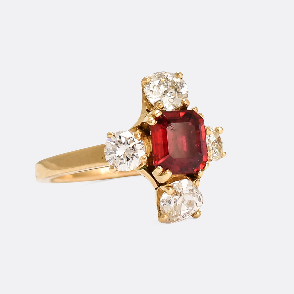 Vintage Red Spinel & Diamond Compass Point Ring