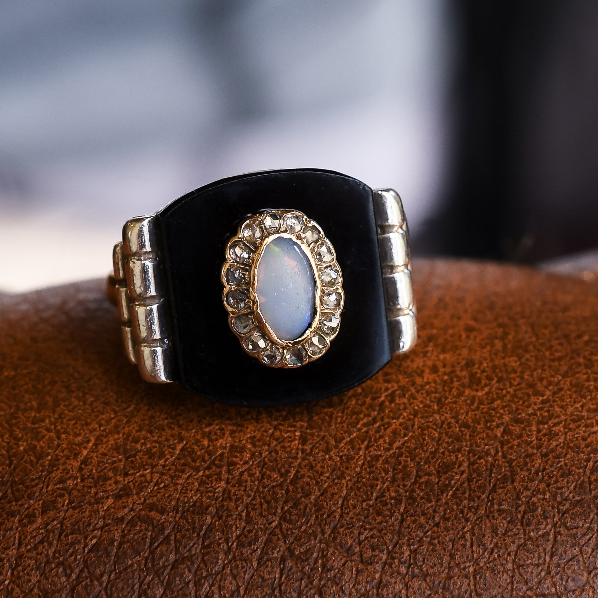 Art Deco Opal Diamond Onyx Panel Cocktail Ring Butter Lane Antiques