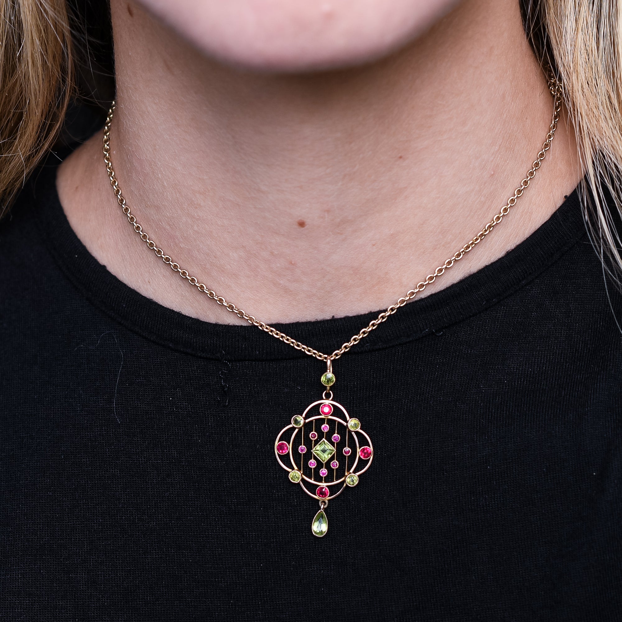 Edwardian Ruby Peridot Openwork Pendant Butter Lane Antiques