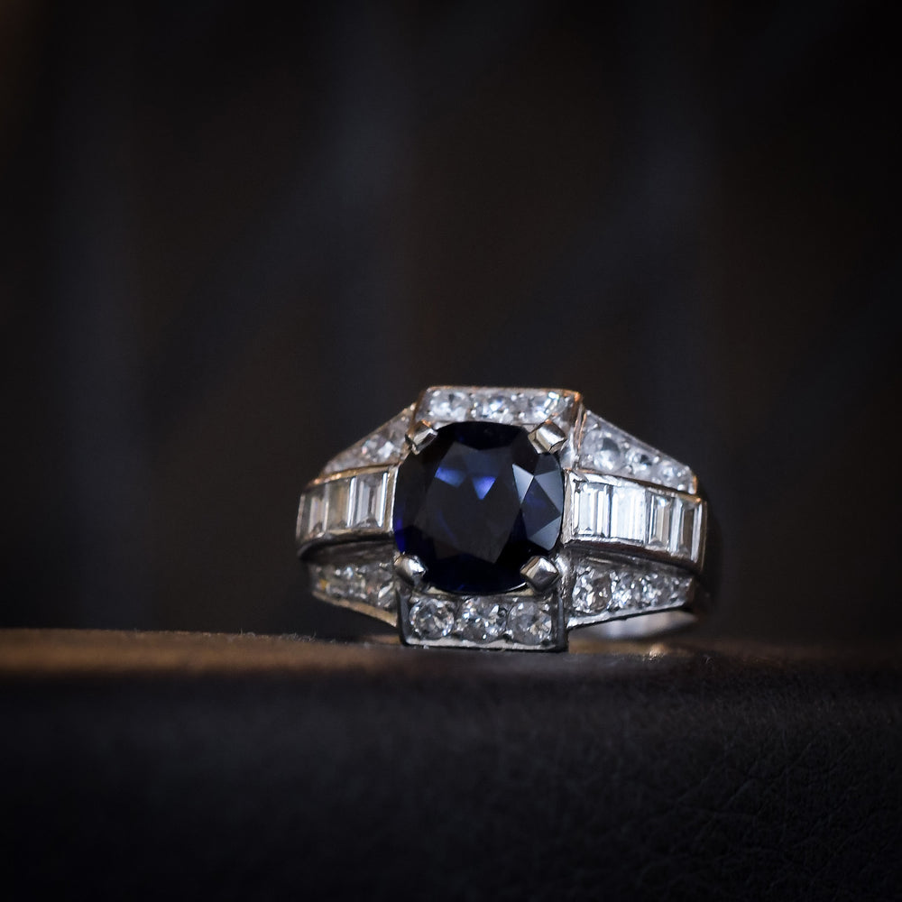 French Art Deco Sapphire & Diamond Cocktail Ring