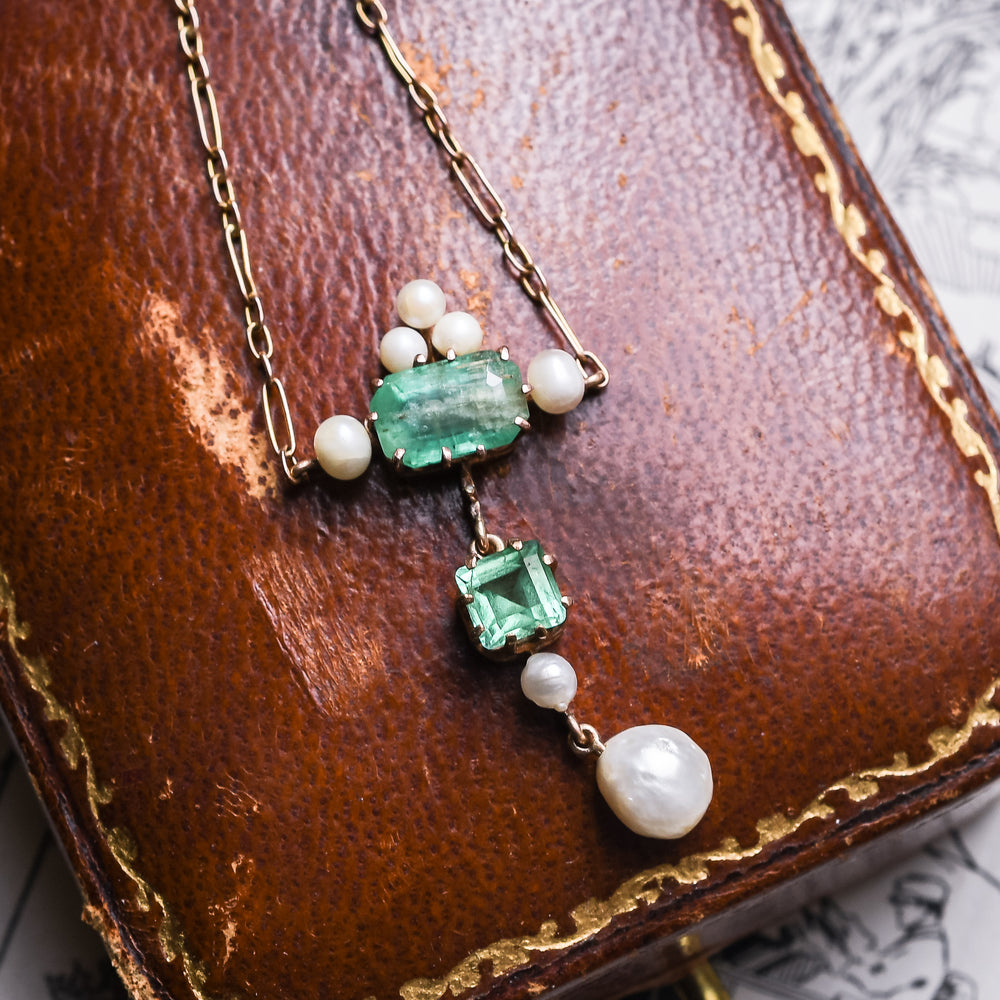 Late Victorian Emerald & Pearl Pendant Necklace