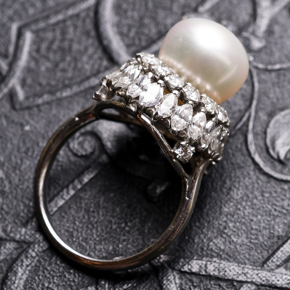 Mid-Century Pearl & Diamond Cocktail Ring
