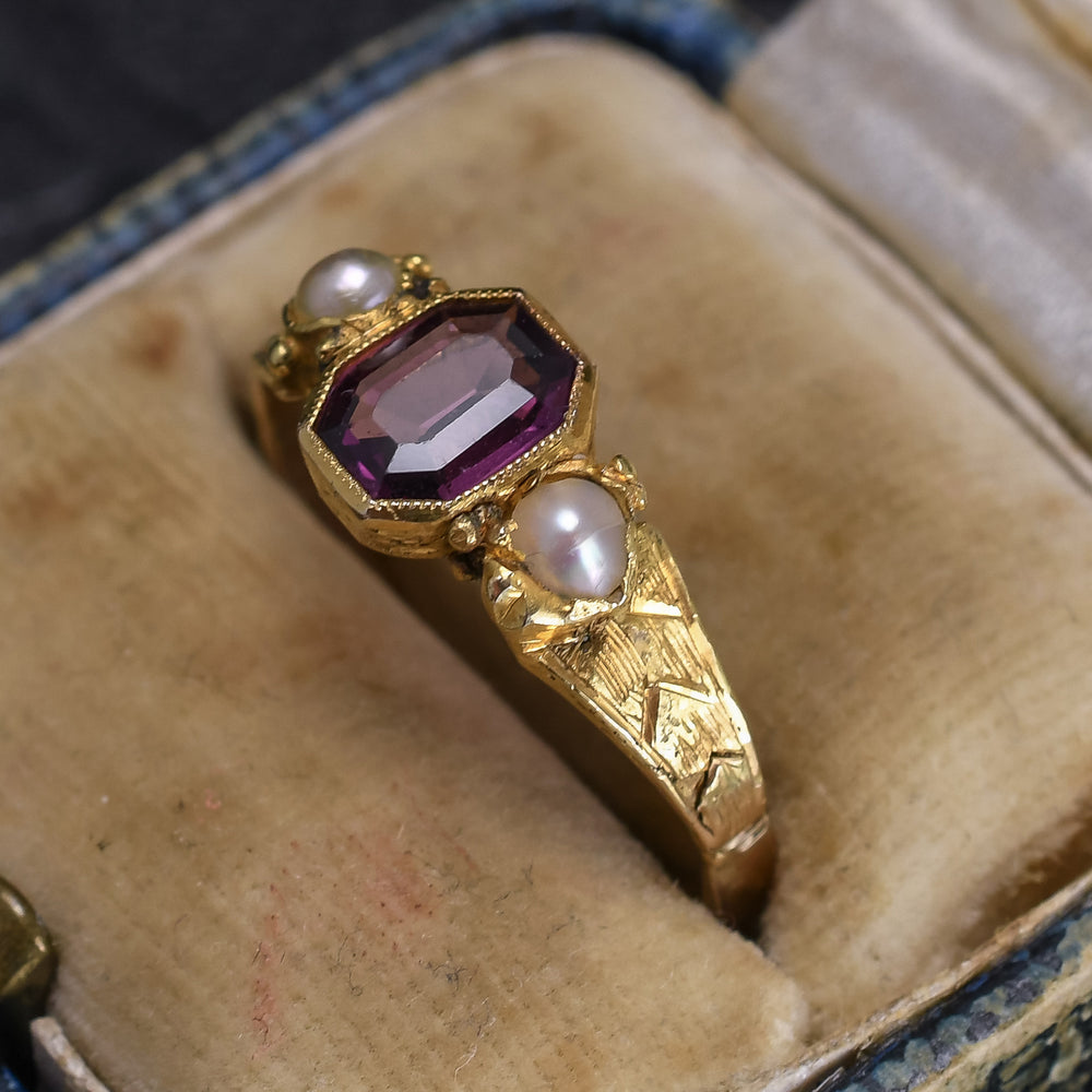 Mid-Victorian Almandine Garnet & Pearl Three-Stone Ring