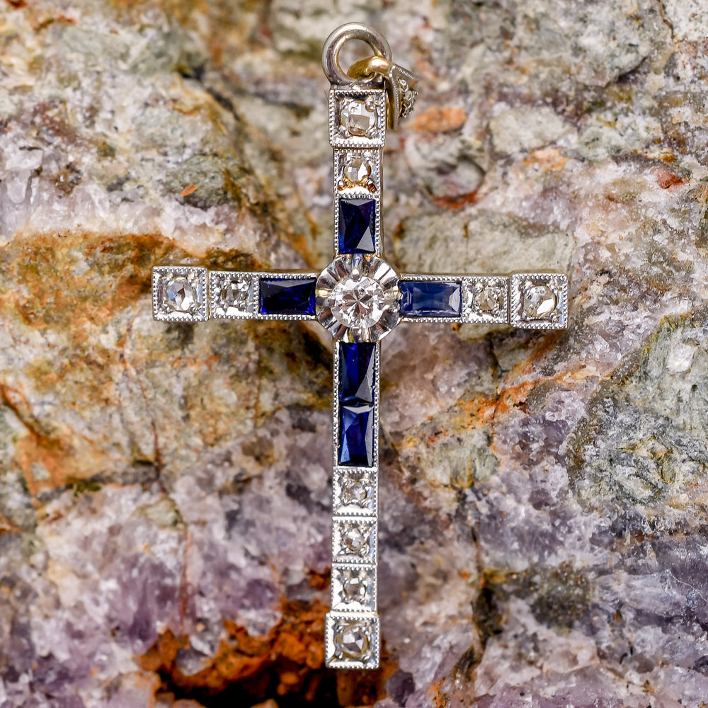 Art Deco Diamond & Sapphire Millegrain Cross Pendant