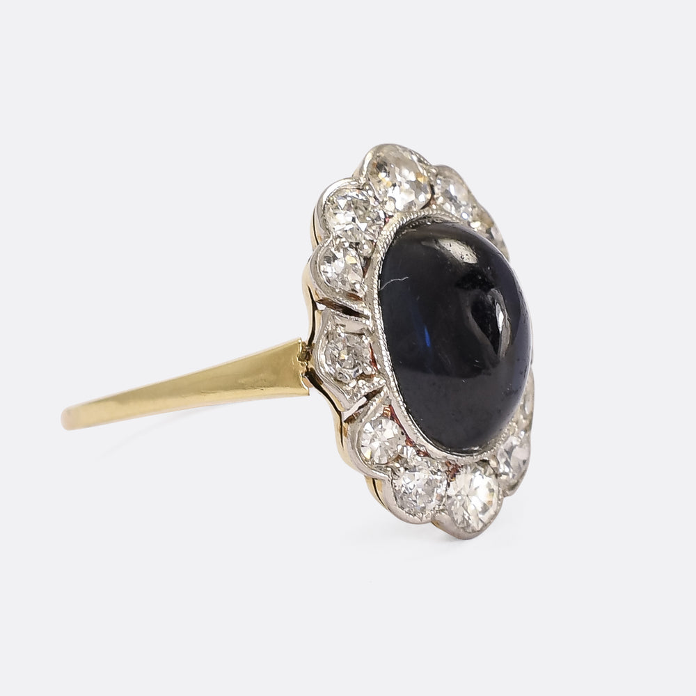 Art Deco 3.0ct Cabochon Sapphire & Diamond Flower Cluster Ring