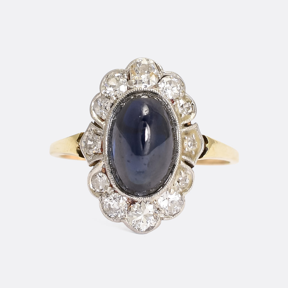 Art Deco 3.0ct Cabochon Sapphire & Diamond Flower Cluster Ring