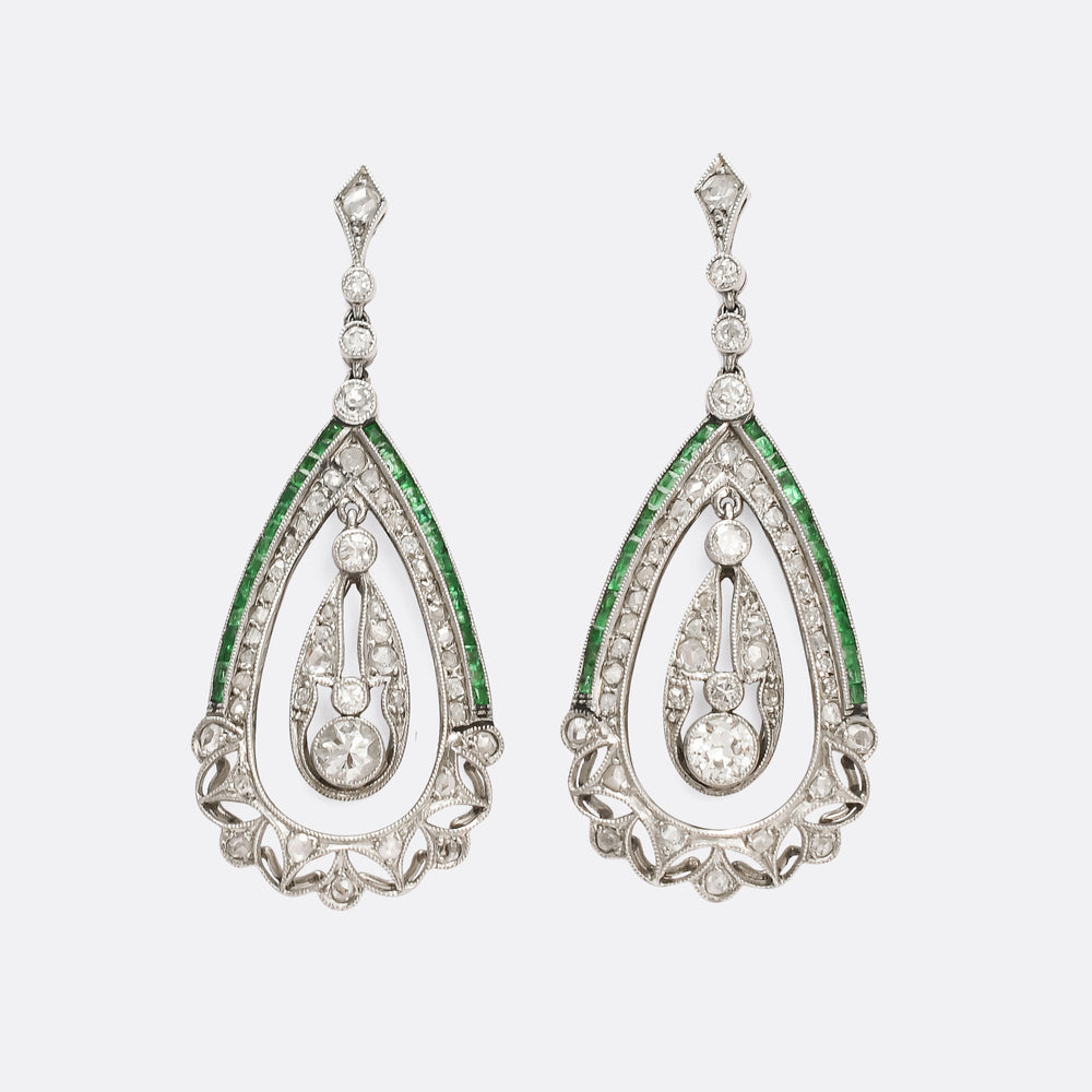 Art Deco Diamond & Emerald Teardrop Earrings