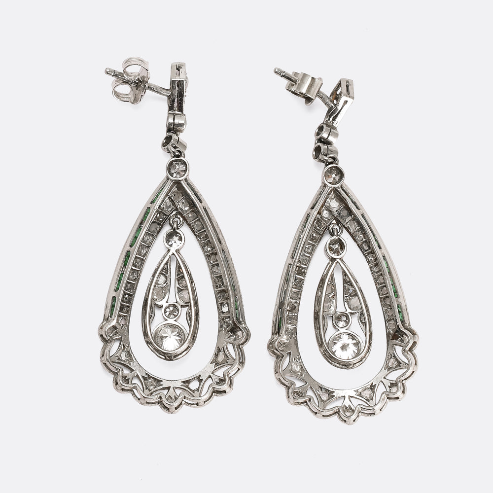 Art Deco Diamond & Emerald Teardrop Earrings