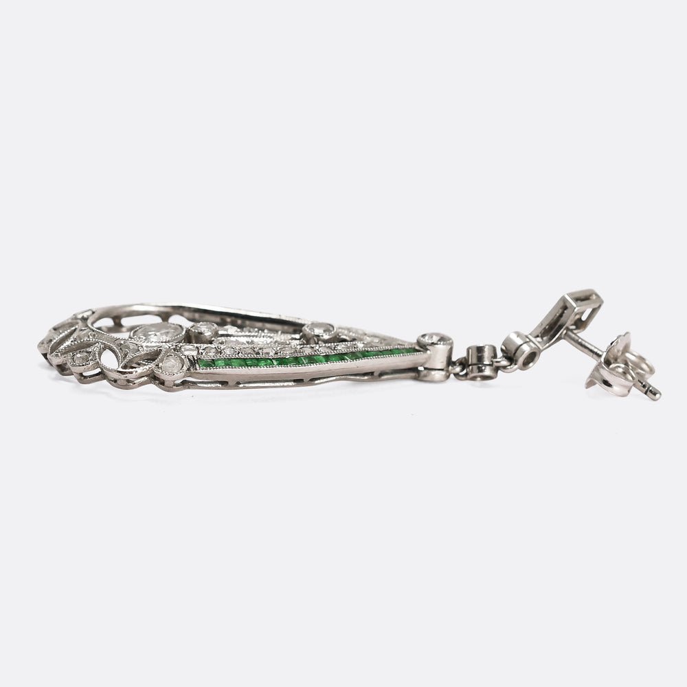 Art Deco Diamond & Emerald Teardrop Earrings